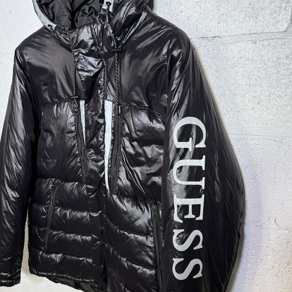 Guess Men's LOGO arm Hooded Puffer Coat - Black Xlarge $225 - Picture 6 of 9